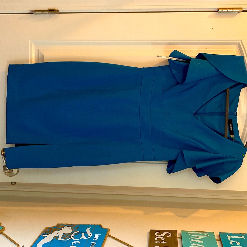 Ellen Tracy Blue Ruffled Sheath Dress with Flutter Sleeves